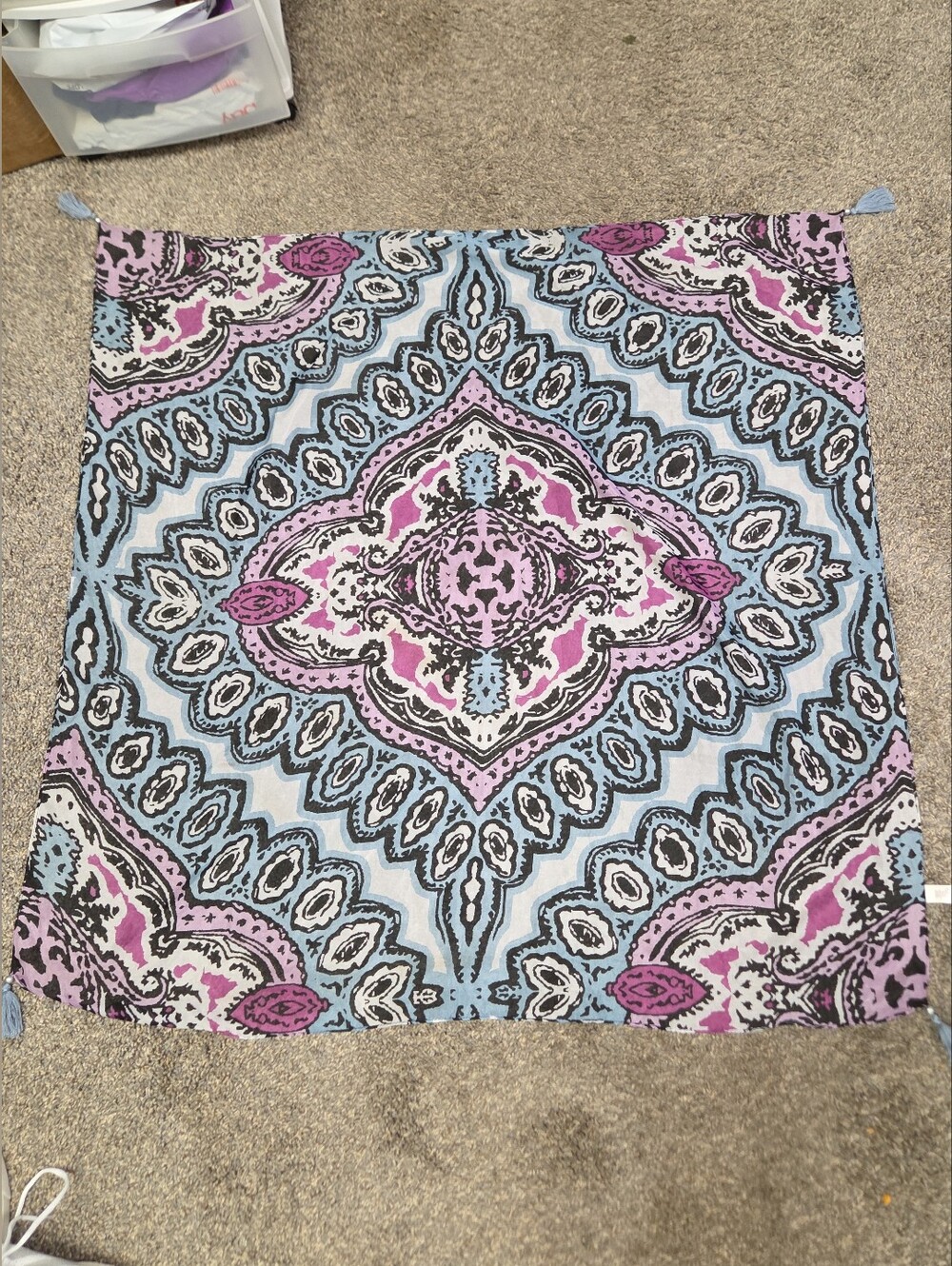 Cato Square Polyester Boho Tassel Scarf Blue Lavender White 41"Γ40" Paisley
